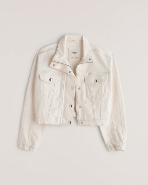 Women's Drapey Mockneck Denim Jacket | Women's Coats & Jackets | Abercrombie.com Womens Moto Jacket, Vintage Denim Jeans, Womens Jackets Casual, Distressed Jean Jacket, White Denim Jacket, Classic Denim Jacket, Jean Jacket Women, Oversized Denim Jacket, Vintage Denim Jacket