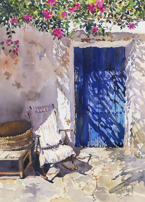 "Blue door" by Margaret Merry...refreshing, the shade throwing lace patterns on that beautiful blue door, relaxing...'sit down and stay awhile'... Door Painting, Watercolor Architecture, Painting Blue, 수채화 그림, Blue Door, Watercolor Inspiration, Painted Doors, Art Watercolor, Watercolor Landscape