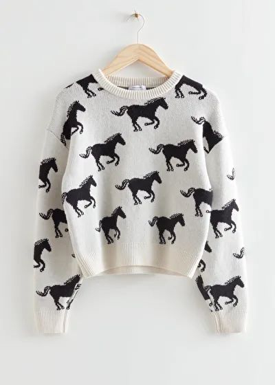 Jacquard Motif Knit Jumper - Horse Motif - Sweaters - & Other Stories US Print Sweater Outfit, Horse Sweater, Horse Motif, Short Sleeve Jumpsuits, Print Sweater, Horse Print, Black Horse, Jumpsuit With Sleeves, Knitting Women Sweater