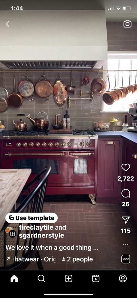 Burgundy Tiles Kitchen, Burgundy Kitchen Cabinets, Cranberry Kitchen, Plum Kitchen, Brick Kitchen Backsplash, Brick Backsplash Kitchen, Bungalow Kitchen, Dark Countertops, Brick Kitchen