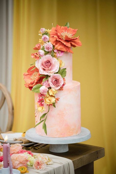 Bright Color Wedding Cake, Vibrant Wedding Cake, Colourful Wedding Cake, March Wedding Colors, Colorful Wedding Cake, Wedding Drapes, Summer Wedding Cake, Llama Farm, Wedding Cake Centerpieces