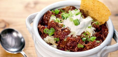 Korean-Style Texas Chili by Edward Lee Texas Chili Recipe, Steak Chili, Korean Chili, Edward Lee, Texas Chili, Chili Toppings, Chili Ingredients, Hearty Comfort Food, Spicy Korean