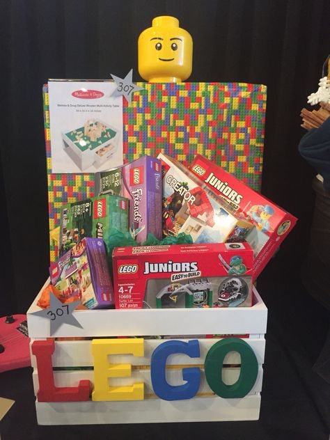 Lego Basket Silent Auction St. Peter's Themed Auction Basket Ideas, Lego Gift Basket, Lego Gift Basket Ideas, Lego Raffle Basket Ideas, Lego Auction Basket Ideas, Lego Basket Ideas, Silent Auction Basket Ideas Fundraising, School Silent Auction Ideas, Kids Raffle Basket Ideas