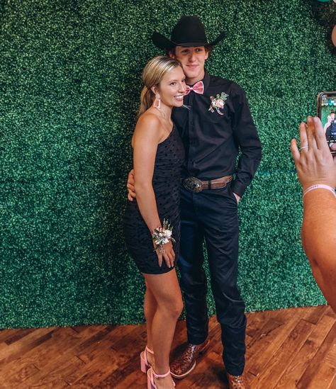 All Black Hoco Outfit Couple, Prom Outfits For Guys Country Cowboy Boots, Hoco Couples Black, Country Prom Outfits Men, Homecoming Couple Black Dress, Western Hoco Outfit Men, Western Prom Outfits For Men, Prom With Cowboy Boots, Country Homecoming Outfits For Guys