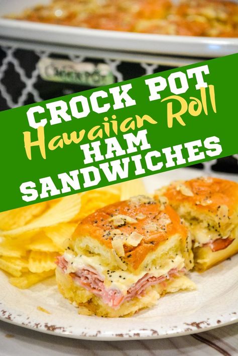 Crock pot Hawaiian roll ham sandwiches are the warm buttery mustard ham sandwich recipe made with onions, poppy seeds, and Swiss cheese without needing to bake them with the same results. #Tailgate #Ham #DinnerIdeas #CrockPot #CasseroleCrockPot #PartyFood Hot Ham And Cheese Sliders Crock Pot, Crock Pot Sandwiches For A Crowd, Crockpot Sandwiches For A Crowd, Hawaiian Roll Ham Sandwiches, Hawaiian Ham Sandwiches, Hawaiian Sandwiches, Crockpot Party Food, Ham Sandwich Recipes, Hawaiian Roll Sandwiches