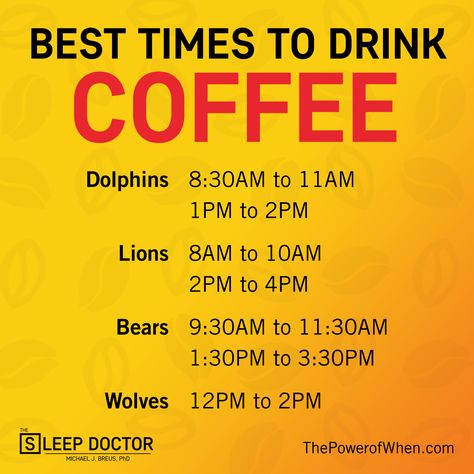 Twitter Do you know what the best time to drink coffee is based on your personal chronotype?  #thepowerofwhen #thesleepdoctor #chronotypes Dolphin Chronotype Diet, The Bear Chronotype, Bear Chronotype Schedule, Wolf Chronotype Schedule, Chronotype Wolf, Dolphin Chronotype Schedule, Wolf Chronotype, Dolphin Chronotype, Bear Chronotype