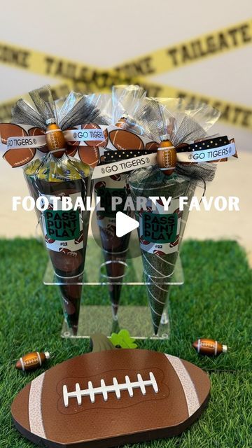 Felicia Pettit | CREATING PARTIES & GIFTS on Instagram: "🏈 Touchdown-worthy party favors🎉  These DIY football cones are easy to make, personalized with player numbers, and filled with sweet treats—perfect for your next football party or tailgate.🏈🍗🛻  Customize with your favorite 🍬 candy, add a bow 🎀for extra flair, and top it off with a mini football ornament for the win! 🏈   ✨comment FOOTBALL for links   Make Everyday a Celebration 🎉   #FootballParty #GameDayIdeas #DIYPartyFavors #GiftIdeas #diy #diypartydecor #diypartyideas #partyfavors #party #tailgate #tailgateparty #craftideas #crafting #amazon #affiliate #bowmaking" Tailgate Party Favors, Party Favors Football Theme, Football Candy Bags, Football Birthday Favors, Football Basket Ideas For Players, Tailgate Theme Party, Football Treats For Players, Field Hockey Party, Football Team Snacks