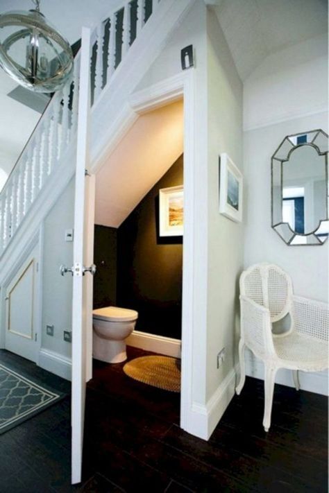 Understairs Toilet, Stairs Closet, Room Under Stairs, Small Downstairs Toilet, تحت الدرج, Guest Bathroom Design, Bathroom Under Stairs, Closet Shelving, Stairs Storage