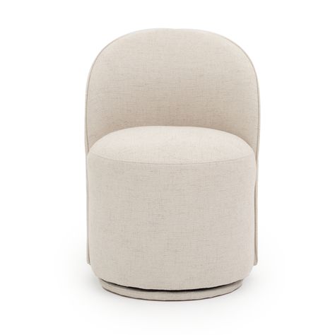 We absolutely love this sleek and modern Enea dining chair. Featuring a solid wood frame and a fiber and foam cushioned seat, it is divinely comfortable. You'll love its trendy, rounded shape and beige tweed-like textured fabric cover. Use it as an accent chair in the office or the bedroom to add a cozy feel to the decor.   Swivel dining chair Tweed-like textured fabric Solid wood frame Fibre and foam padded seat Entirely covered in fabric, including the base Maximum weight capacity is 300 lbs C Virtual Room Designer, Living Room Farmhouse Decor, Wood Heat, Table Lamp Office, Swivel Dining Chairs, Chair Sofa Bed, Dining Room Seating, Industrial Livingroom, Living Room Bench