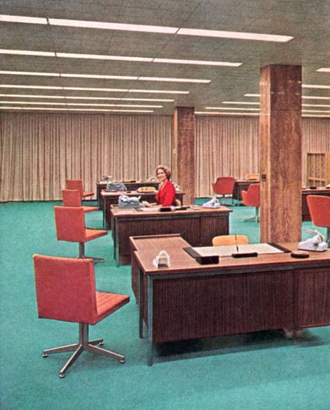 Modern office shown in Architectural Record magazine 60s Office Decor, 1960s Office Interior, Retro Waiting Room, 60s Office Interior, Retro Corporate Aesthetic, Retro Office Aesthetic, 70s Office Aesthetic, Retro Office Design, Japanese Office Design