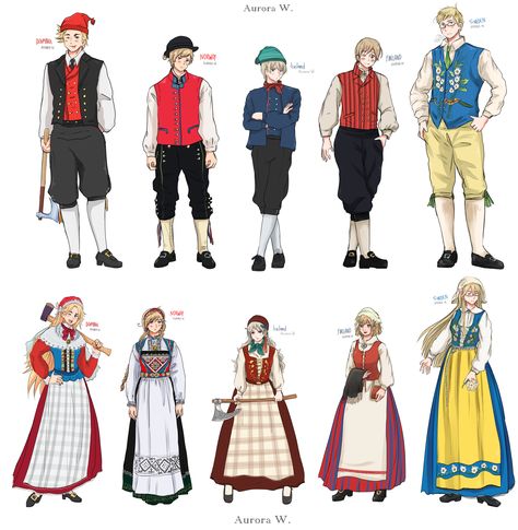 Hetalia - APH Nordics by edline02 on DeviantArt Hetalia Traditional Clothing, Aph Finland, Norway Hetalia, Scandinavian Outfit, Scandinavian Folklore, Fashion Eras, Hetalia Characters, Scandinavian Traditional, Hetalia Fanart