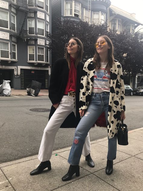 Danielle Haim in Gucci and Alana Haim Haim Style, Danielle Haim, Haim, Blair Waldorf, Print Coat, Cow Print, Fashion Killa, Get Dressed, Look Fashion