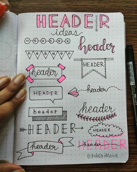 Adding headers or titles to your bullet journal adds a nice touch to your spread. Plus, headers let you know what your page is about as soon as you land on it. Bullet Journal Headers, Beautiful Dawn, Calligraphy Ideas, Title Ideas, Penanda Buku, Sketch Note, Bullet Journal Font, Journal Fonts, Bullet Journal Banner