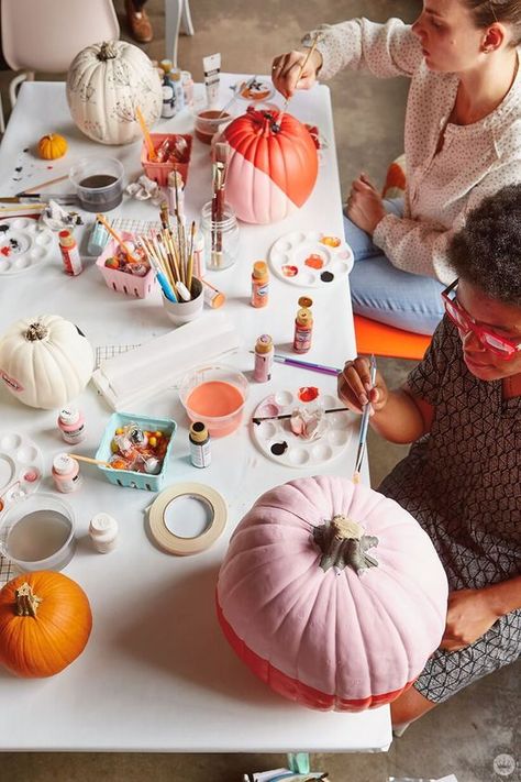 // p u m p k i n s Pumpkin Decorating Party, Pumpkin Painting Party, Creative Pumpkin Painting, Pumpkin Carving Party, Halloween Pumpkins Painted, Pumpkin Painting Ideas, Modern Halloween, Creative Pumpkins, Halloween Tattoo