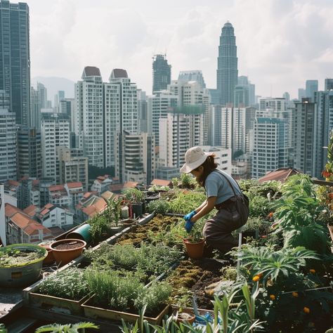 Urban Garden Tending: A person tends to a rooftop garden against the backdrop of a sprawling urban skyline. #urban #gardening #rooftop #cityscape #skyscrapers #greenery #plants #cultivation #aiart #aiphoto #stockcake https://ayr.app/l/b8jt Rooftop Garden Urban, Nyc Garden, City Gardening, New York Rooftop, Battery Park City, Greenery Plants, Urban Gardens, Tender Care, Urban Gardening