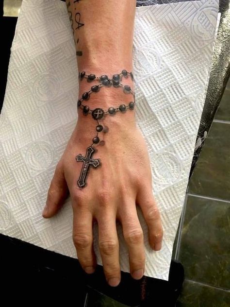 Rosery Beads Tattoo, Rosary Tattoo Wrist, Cross Necklace Tattoo, Rosary Tattoo On Hand, Cross Tattoo On Hand, Kai Mori, Wrap Around Wrist Tattoos, Around Arm Tattoo, Rosary Tattoo