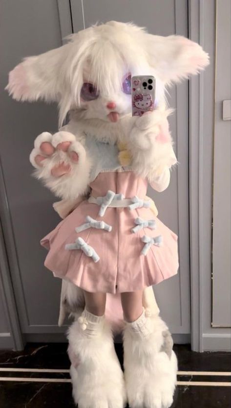 Cute Kemono Fursuit, Bunny Kemono Fursuit, Partial Fursuit Outfits, Cute Fursuit Ideas, Kemono Cat Fursuit, Fur Suit Ideas, Pastel Fursuit, Kimono Fursuits, Lamb Fursona