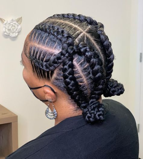 Four Criss Cross Cornrows and Low Buns Cornrows Into Two Low Buns, Four Braids Cornrow Criss Cross, Four Braids Cornrow With Bun, Criss Cross Cornrows Braids, Criss Cross Feed In Braids, Style For Short Curly Hair, Four Cornrows, Criss Cross Cornrows, Cross Cornrows