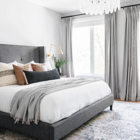 King Bed Gray Headboard, Grey Bed Frame Wood Furniture, Grey Bed Frame Master Bedrooms, Dark Grey Bed With White Nightstands, Grey Headboard Guest Bedroom, Bedroom Inspirations Dark Grey Headboard, Dark Gray Furniture Bedroom, Gray Bed Frame Ideas, Gray Bed Frame Bedding