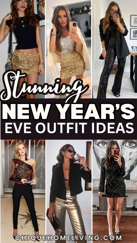 Looking for the perfect New Year’s Eve outfit? 🎉 These 27 Fabulous New Year's Eve Outfit Ideas have you covered for every style! Whether you want to shine in sequin dresses, stay cozy in elegant sweater dresses, or go bold with a chic jumpsuit, there’s a look for everyone. Love a classic vibe? Try a sleek black dress or velvet ensemble. Feeling adventurous? Opt for metallic pants or a statement blazer. Accessorize with glittering heels and bold jewelry to finish your NYE look in style. Bar New Years Outfit, Black Blazer Nye Outfit, Funky New Years Outfit, Nye Warm Outfit, Glitter Nye Outfit, Nye Vegas Outfit, New Year’s Eve 2024 Outfits, Sequin Black Dress Outfit, Black And Gold New Years Outfit