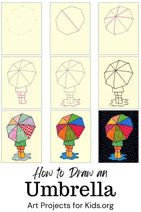 Drawing Umbrella, Easy Spring Drawings, Draw Umbrella Easy, How To Draw An Umbrella, Simple Umbrella Drawing, How To Draw Easy Step By Step, Spring Drawing Easy, Umbrella Art Projects For Kids, Umbrella Art For Kids