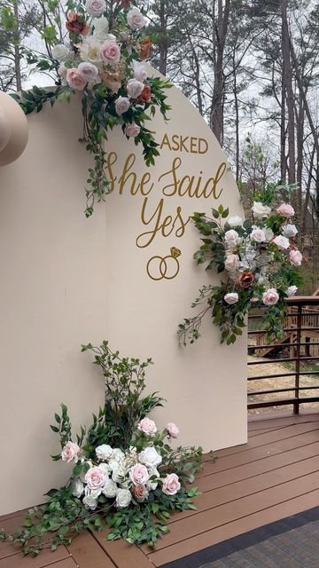 Atlanta Balloon Event Decor by Icet on Instagram: "He Asked, She Said YES! 💍 Love making these floral arrangements 😍 #engaged #heaskedshesaidyes #proposal #misstomrs #atlanta #shesaidyes #futuremrandmrs #balloondecor" Garden Decoration For Engagement, House Engagement Decorations, Engagement Arrangements Decor, Engagement Dinner Centerpieces, Engagement Event, At Home Engagement Decor, Engagement Event Decoration, Just Engaged Decorations, She Said Yes Balloon Garland