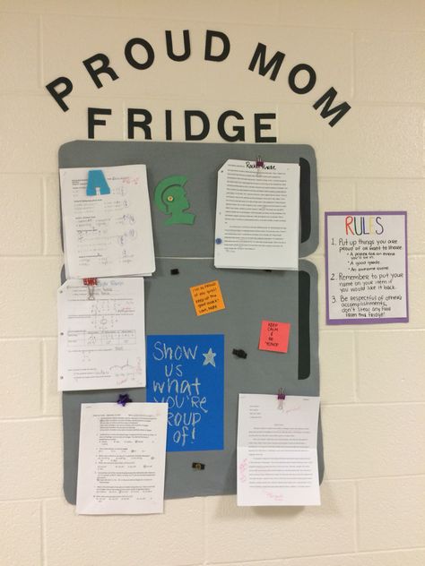 Proud Mom Fridge Bulletin Board, Proud Ra Fridge, The Fridge Classroom, Dorm Event Ideas, Class Fridge Bulletin Board, Classroom Inspiration High School, Event Ideas For College Students, The Fridge Classroom Display, Classroom Fridge Bulletin Board