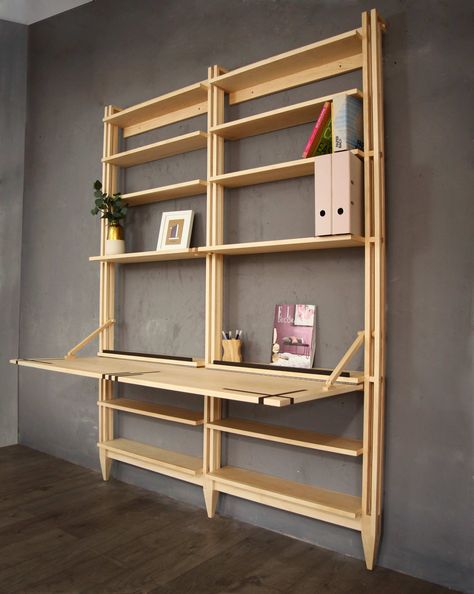 Space Saving Wooden Furniture, Folding Down Desk, Shelving And Desk, Large Folding Desk, Fold Out Wall Desk, Pull Down Desk From Wall, Desk That Folds Into Wall, Tiny House Desk Ideas, Bookcase And Desk Wall