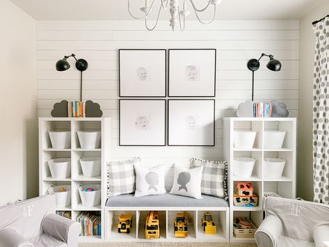 Tree Playroom, White Playroom, Ikea Farmhouse, Organizing Toys, Baskets Diy, Wall Bench, Rug Diy, Organization Design, Boys Playroom