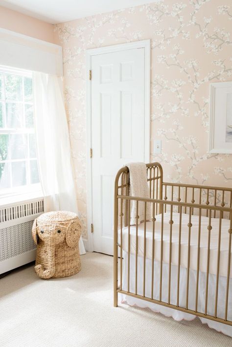 Gold Metal Crib Nursery, Baby Girl Nursery Gold Crib, Classic Nursery Girl, Brass Crib Nursery, Nursery With Gold Crib, Classic Baby Girl Nursery, Gold Crib Nursery Girl, Traditional Girl Nursery, Traditional Baby Nursery