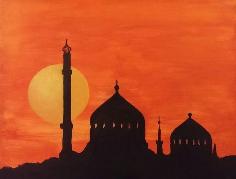 Mosque at Sunset. Painting in Peace series. Angel Mayo Art Islamic Painting Ideas, Uae Landscape, Mosque Drawing, Sufi Art, Drawing Sunset, Temple Drawing, Ramadan Ideas, Islam Art, Arabic Calligraphy Painting