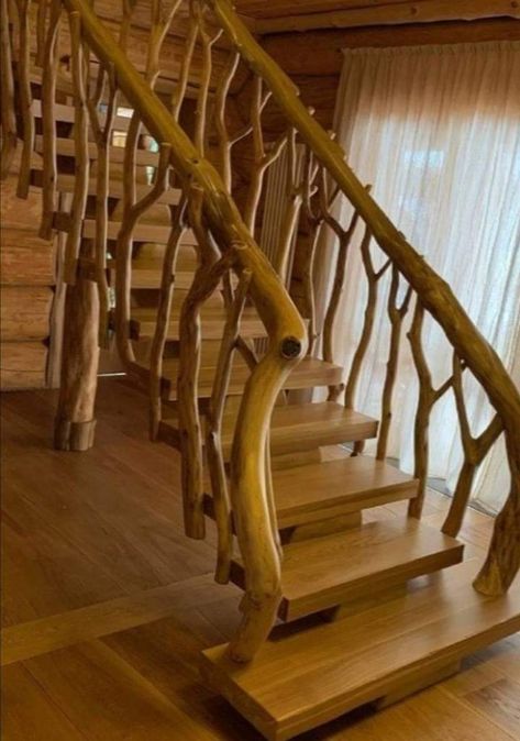 Tree Stair Railing, Tree Branch Railing, Cabin Staircase, Cordwood Construction, Banister Ideas, Cabin Stairs, Diwali Painting, Rustic Staircase, Rustic Stairs