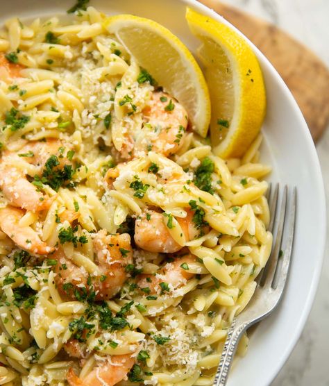 Garlic Butter Prawn Orzo Recipes Using Cooked Prawns, Prawn Pasta Recipes, Prawn Orzo Recipes, Garlic Butter Orzo, Shrimp With Orzo Recipes, Lemon Orzo Pasta With Shrimp, Garlic Shrimp Orzo, Prawn Orzo, Shrimp Orzo Dinner Recipes