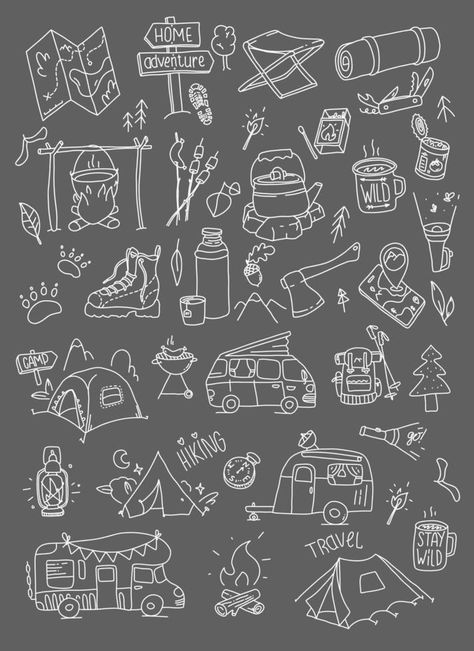 Hand drawn hiking illustration.  Camping outdoor doodle set. Wild adventure equipment. Navigation and camp cartoon simple vector collection. Hiking Illustration, Adventure Equipment, Vector Animation, Wild Adventures, Simple Illustration, Hand Drawn, Vector Free, Doodles, How To Draw Hands