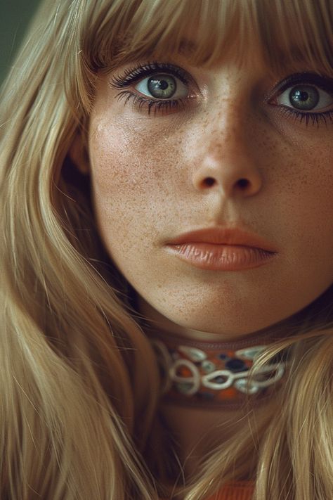 Her big eyes, 1970s 70s Bridal Makeup, 70s Makeup Aesthetic, 60s Hippie Makeup, 70s Makeup Hippie, 1960 Makeup, 70’s Makeup, 1970s Makeup, Hippie Makeup, Timeless Makeup