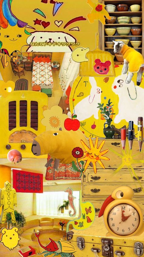 Collage Wall Prints Aesthetic Yellow, Yellow Collage, Wall Collage Yellow Aesthetic, Yellow Wallpaper Collage, Yellow Collage Wallpaper Aesthetic, Aesthetic Collage Yellow, Pastel Yellow Aesthetic Collage, Future Wallpaper, Sanrio Wallpaper