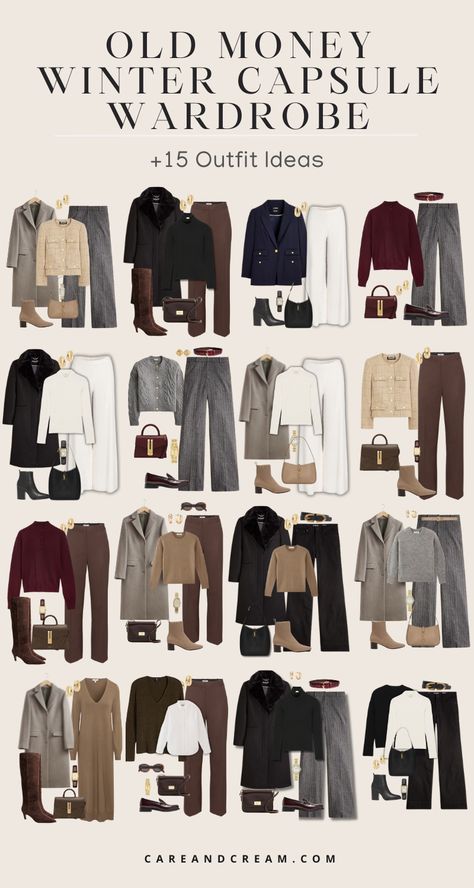 Old money winter capsule wardrobe guide, featuring all the must-have old money winter wardrobe essentials, along with 15 classy winter outfits. Be inspired by old money winter outfits for women to elevate your aesthetic. Get winter outfit inspiration to create your unique style. Winter basics wardrobe, women’s fashion outfits winter. Must Have Items For Women Fashion, Old Money Winter Women, Old Money Outfit For Women, Old Money Style For Winter, Classy Winter Outfits Old Money, Old Money Style Winter Woman, Old Money Outfit Essentials, Outfit Winter 2025 Women, Winter Fashion 2025 Women