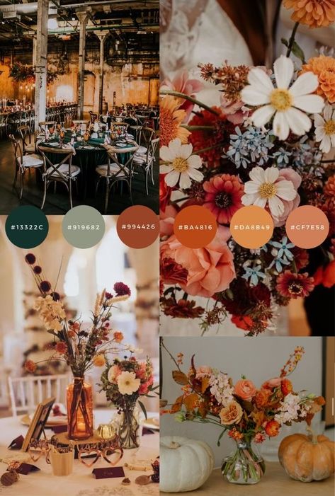 Burnt Orange Colour Palette Wedding, Fall Rustic Color Palettes, Sage Fall Wedding Colors, Fall Wedding Color Palette Rust, Autumn Color Scheme Wedding, Emerald Green Wedding Fall, Sage Green With Sunflowers Wedding, Green Orange And Cream Wedding, Wedding Colors Green And Orange