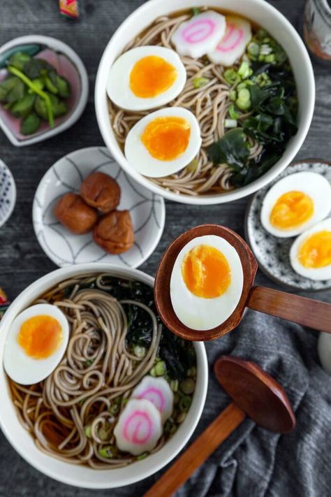 Toshikoshi Soba (New Year Soba) | Pickled Plum | Easy Asian Recipes Zaru Soba Recipe, Toshikoshi Soba, Soba Recipe, Japanese Soba Noodles, Medium Boiled Eggs, Soba Noodle, Easy Japanese Recipes, Buckwheat Noodles, Noodle Dish