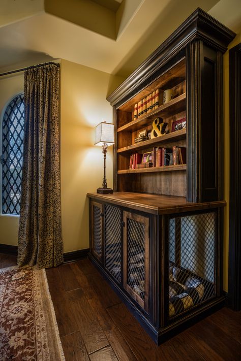 European Master Bedroom - Mediterranean - Bedroom - Phoenix - by Janet Kauffman Interiors & Design LLC | Houzz Built In Dog Bed, Custom Bookcase, Mediterranean Bedroom, Dog Room Decor, Diy Dog Crate, Dog Kennel Furniture, Diy Dog Kennel, Dog Spaces, Dog Room