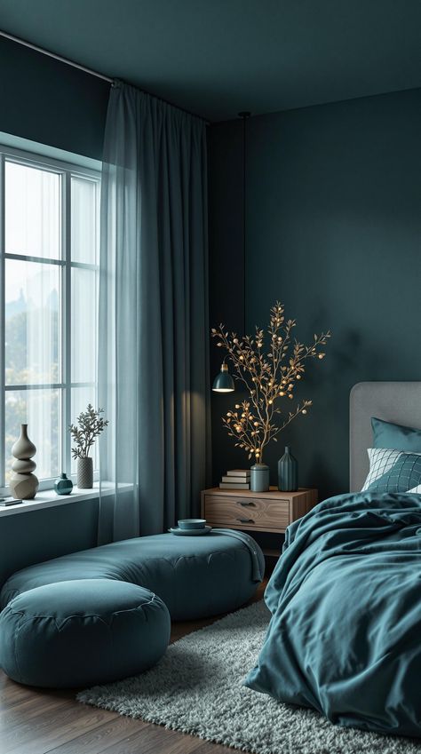 Dark Teal Bedroom Teal Primary Bedroom, Deep Turquoise Bedroom, Moody Teal Bedroom, Teal And Gold Bedroom Ideas, Dark Teal Bedding, Teal Closet, Peaceful Bedroom Colors, Teal And Gold Bedroom, Dark Teal Bedroom Ideas