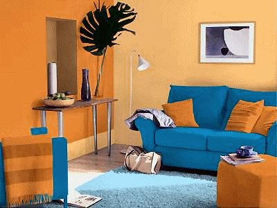 A direct complementary color scheme has opposite hues on the color wheel. This results in great contrast. Dulux Colour Schemes, Blue And Orange Living Room, Hallway Colour Schemes, Split Complementary Color Scheme, Blue Couch Living Room, Interior Design Classes, Simple Home Decoration, Living Room Wall Color, Room Wall Colors