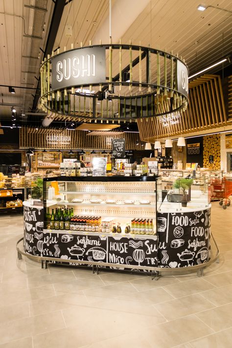 Grab And Go Market, Sushi Bar Design, Supermarket Design Interior, Sushi Shop, Grab N Go, Mall Kiosk, Bar Counter Design, Grocery Store Design, Grocery Supermarket