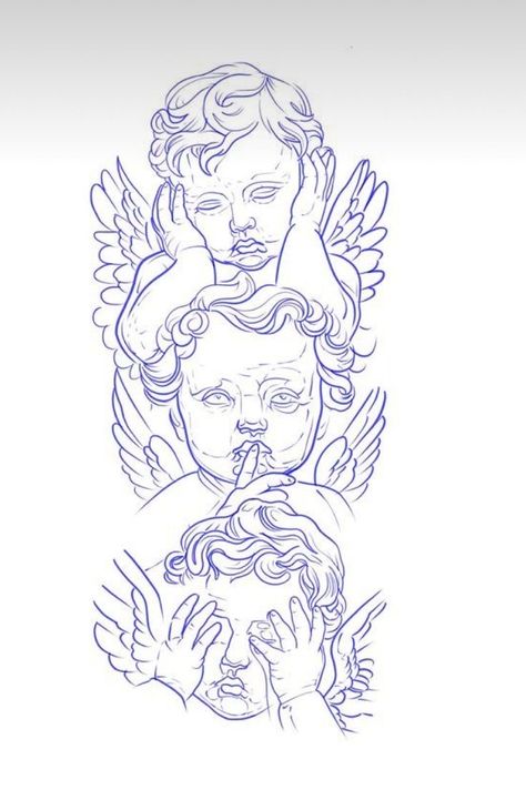 Men Stencil Tattoo, Three Angels Tattoo Design, 3rl Tattoo Design, 3 Angels Tattoo Designs, Black People Tattoos, Chest Tattoo Stencils, Half Sleeve Tattoo Stencils, Cherub Tattoo, Evil Tattoo