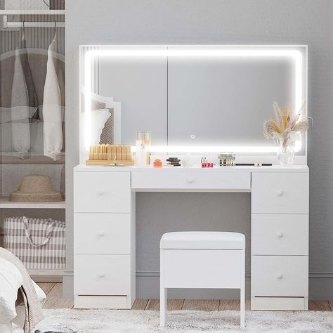 Amazon.com: IRONCK Vanity Desk Set with LED Lighted Mirror & Power Outlet, 7 Drawers Makeup Vanities Dressing Table with Stool, for Bedroom, White : Home & Kitchen Bedroom Vanity Desk, Make Up Desk Vanity, Lighted Mirror, Preppy Room, Bedroom Vanity, White Vanity, Vanity Desk, Modern Vanity, Room Makeover Bedroom