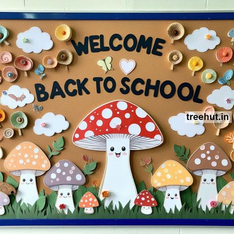 These Fall Mushroom themed bulletin board ideas and activities will create a vibrant start to the school year for elementary students, fostering a love for learning and creativity in the classroom. Autumn Board Ideas For School, Mushroom Themed Bulletin Board, Creative Bulletin Board Borders Ideas, Preschool Fall Bulletin Board Ideas, Mushroom Bulletin Board, Fall Bulletin Board Ideas For Preschool, School In Fall, Fall Bulletin Board Ideas, School Classroom Decoration