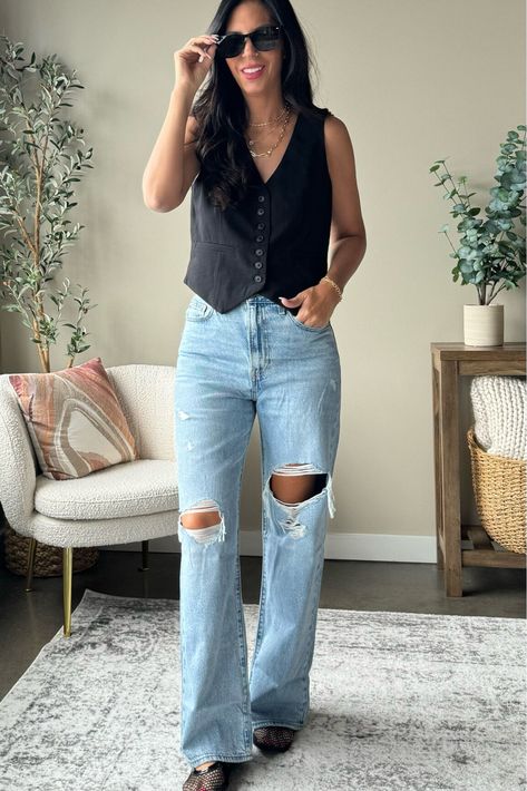 Target black vest is tts and wearing a small Levi denim Ribcage jeans - tts  #LTKOver40#LTKU#LTKFindsUnder100 https://liketk.it/4FTYc Black Jeans Concert Outfit, Black Vest And Jeans Outfit, Black Jean Vest Outfit, Jeans And Vest Outfit, Black Denim Vest Outfit, Jean Vest Outfits, Black Vest Outfit, Denim Vest Outfit, Black Denim Vest