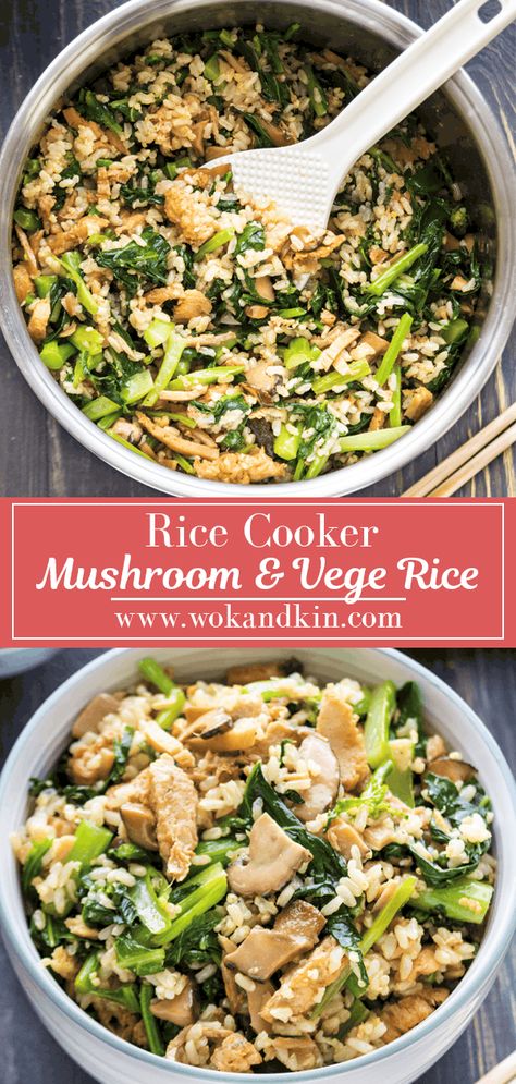 Rice Cooker Rice with Mushrooms and Chinese Broccoli turns everyday ingredients into a one pot dish. Clear out the fridge using your favorite toppings! #ricecookerrice #vegetarianrice #veganrice Rice Cooker Meals Vegetarian, Rice Cooker Vegan Recipes, Healthy Rice Cooker Meals, Vegetarian Rice Cooker Recipes, Rice Cooker One Pot Meals, Chicken Rice Cooker Recipes, Vegan Rice Cooker Recipes, Rice Cooker Recipes Vegetarian, One Pot Rice Cooker Meals