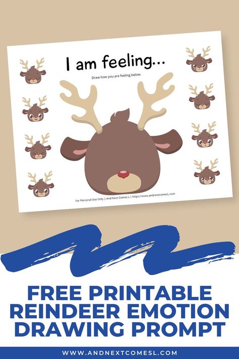 Screenshot of a reindeer themed I am feeling emotion drawing prompt on a tan background. There is a text overlay in navy that says "Free Printable Reindeer Emotion Drawing Prompt." Reindeer Lesson Plans Toddler, Winter Mindfulness Activities, Social Emotional Christmas Activities, Toddler Reindeer Activities, Christmas Social Emotional Preschool, Winter Social Emotional Activities For Toddlers, Rudolph Activities Preschool, Christmas Mindfulness Activities, Christmas Emotions Activity