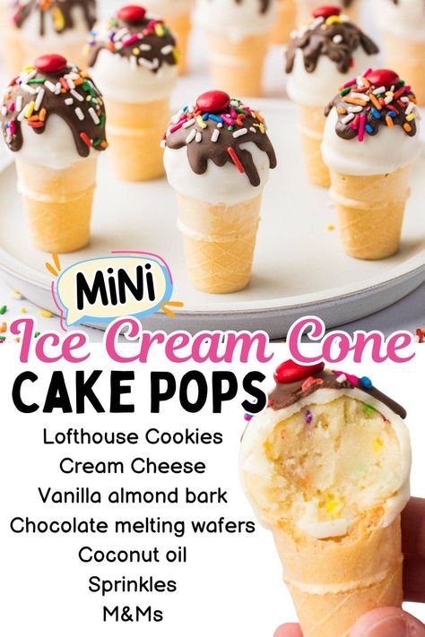 These are the cutest mini Cake Pops Ice Cream Cones! Made from Lofthouse cookies mixed with cream cheese – no cooking or cake mix needed! An adorable dough ball dipped in a candy coating and decorated with a chocolate drip, colorful sprinkles, and a signature cherry on top will have you screaming for cake pop ice cream! Cake Pops Ice Cream, Ice Cream Cones Recipe, Cream Bread Recipe, Ice Cream Cone Cake Pops, No Bake Cake Pops, Cake Pop Recipe Easy, Ice Cream Cake Pops, Lofthouse Cookies, Cone Cake